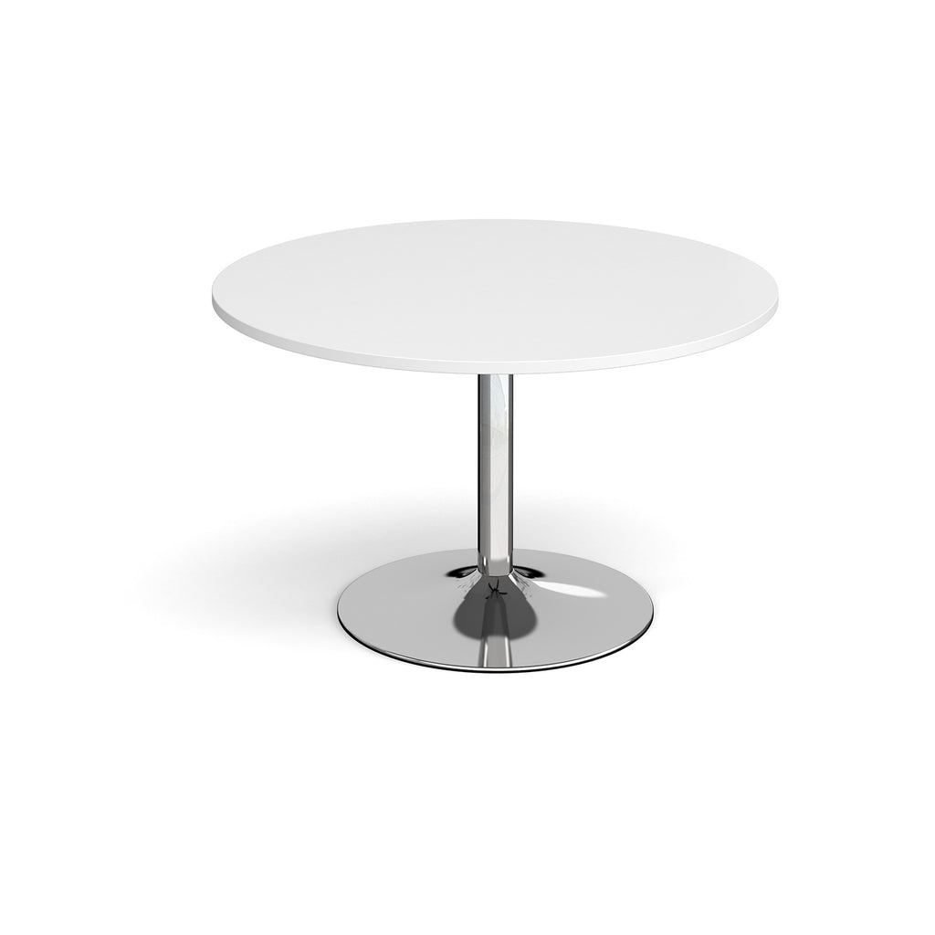 Round table with white top and chrome base on a white background