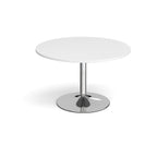 Round table with white top and chrome base on a white background