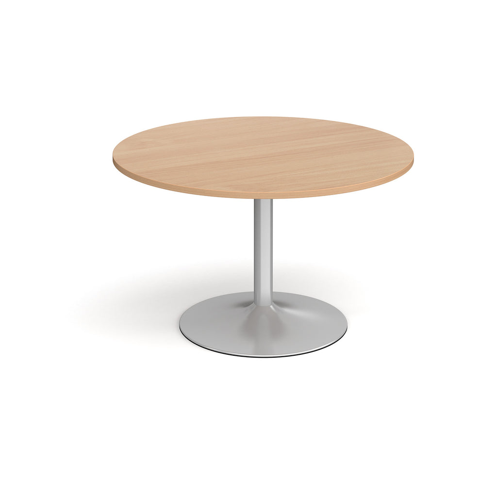 Round table with wood-effect top and metal base on a white background