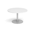 Round table with white top and metal base on a white background