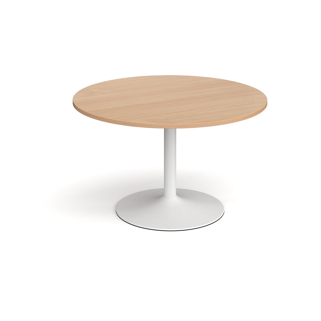 Round table with wood-effect top and white base on a white background