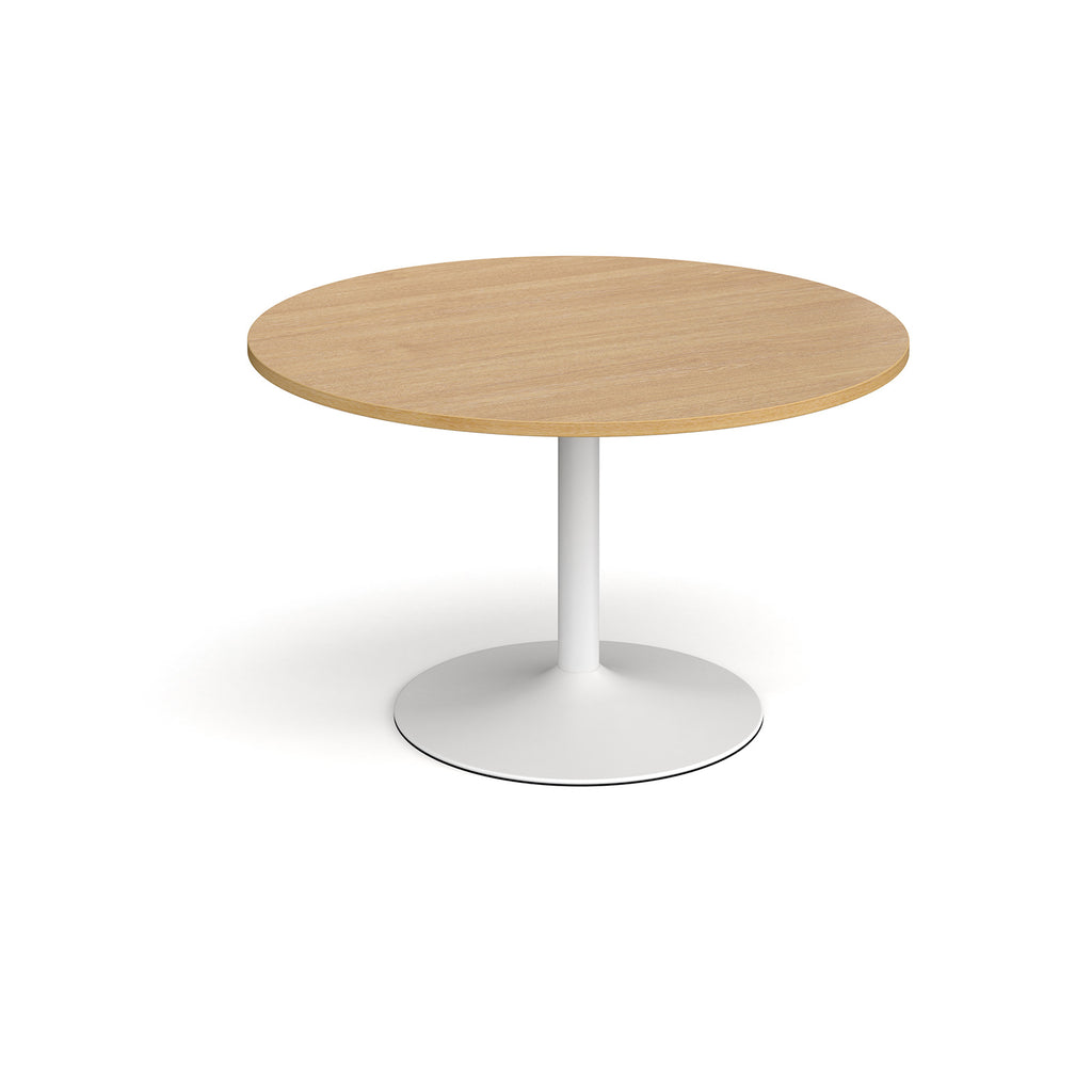 Round table with wood-effect top and white base on a white background