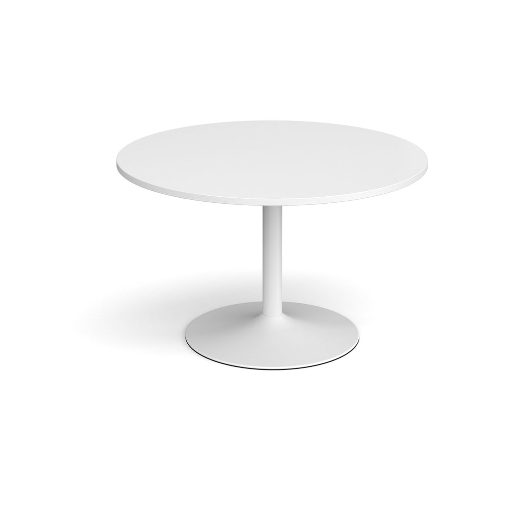 Round table with white top and base on a white background