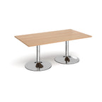 Rectangular table with wood-effect top and chrome base on a white background
