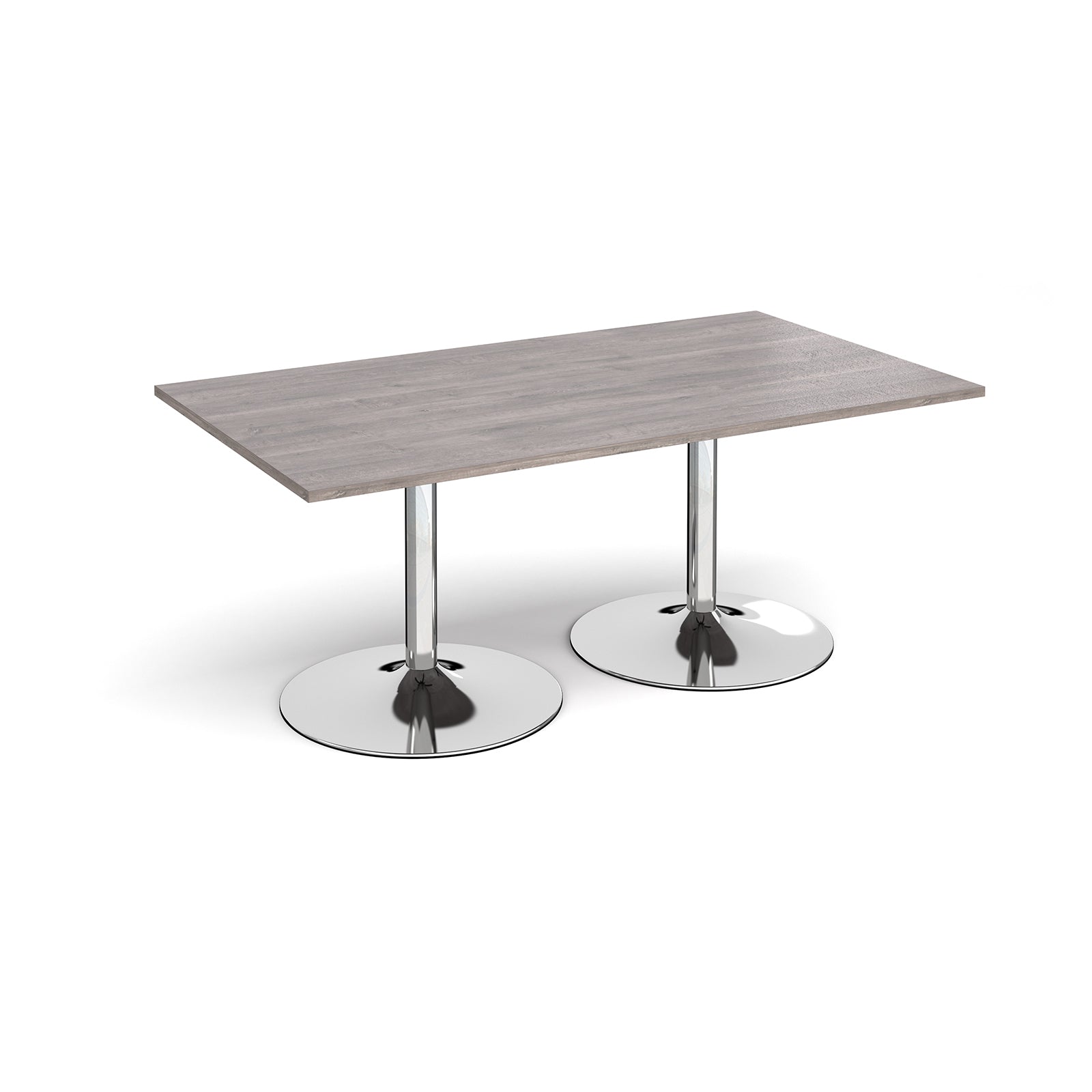Rectangular table with grey wood-effect top and chrome base on a white background