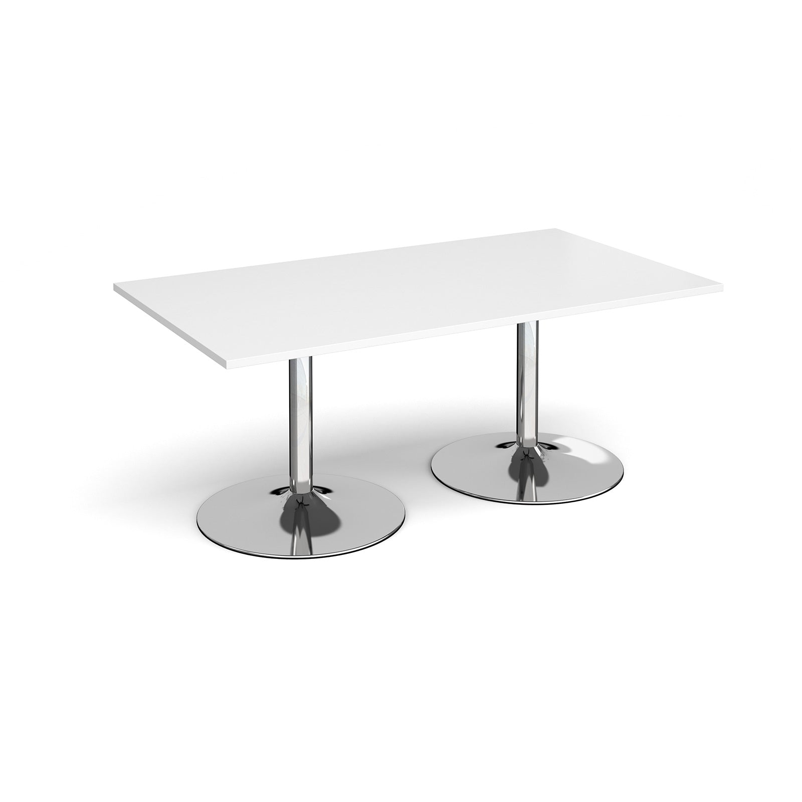 Rectangular table with white top and chrome base on a white background