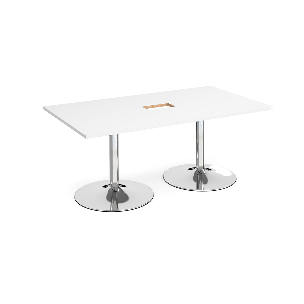 Rectangular meeting table with a white top, central cable access cut-out with metal legs on a white background.