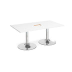 Rectangular meeting table with a white top, central cable access cut-out with metal legs on a white background.