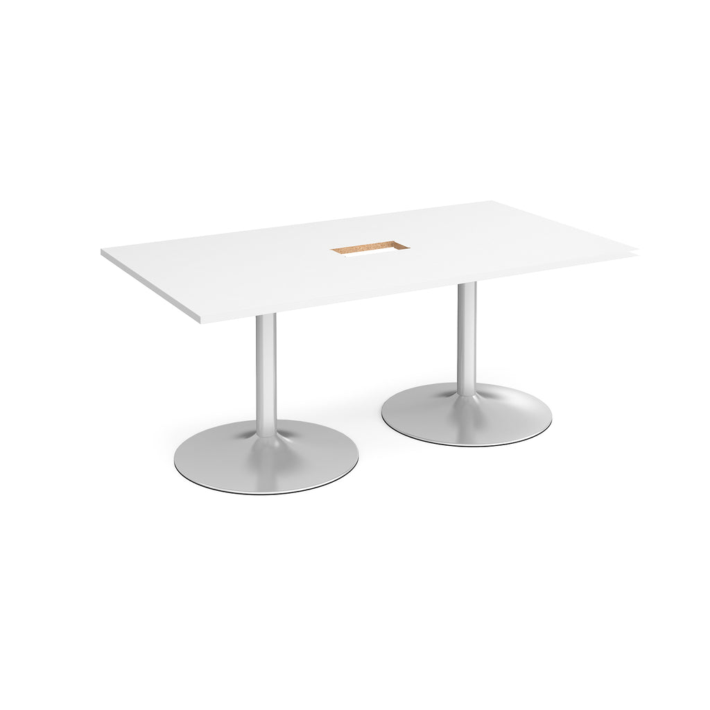 Rectangular meeting table with a white top, central cable access cut-out with metal legs on a white background.