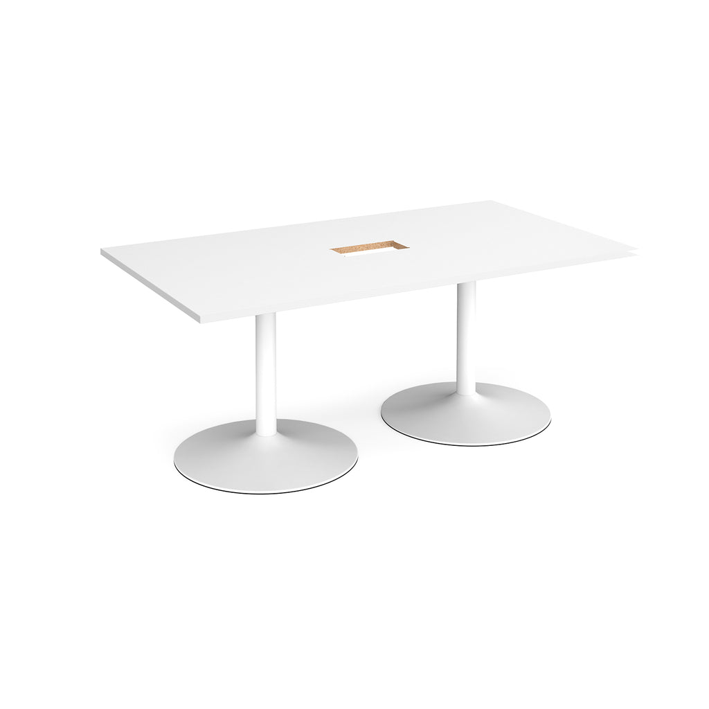 Rectangular meeting table with a white top, central cable access cut-out with metal legs on a white background.