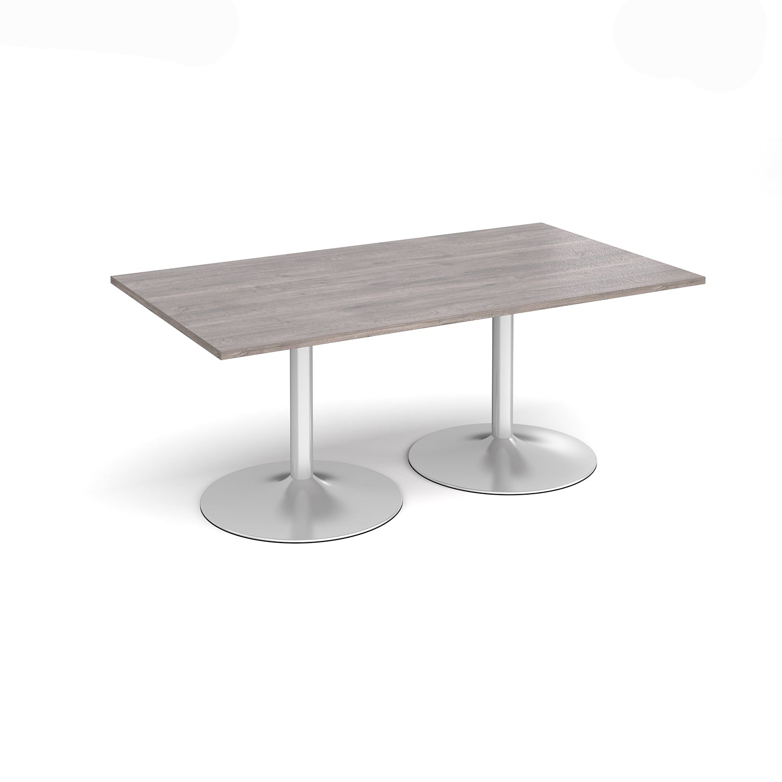 Rectangular table with grey wood-effect top and metal legs on a white background