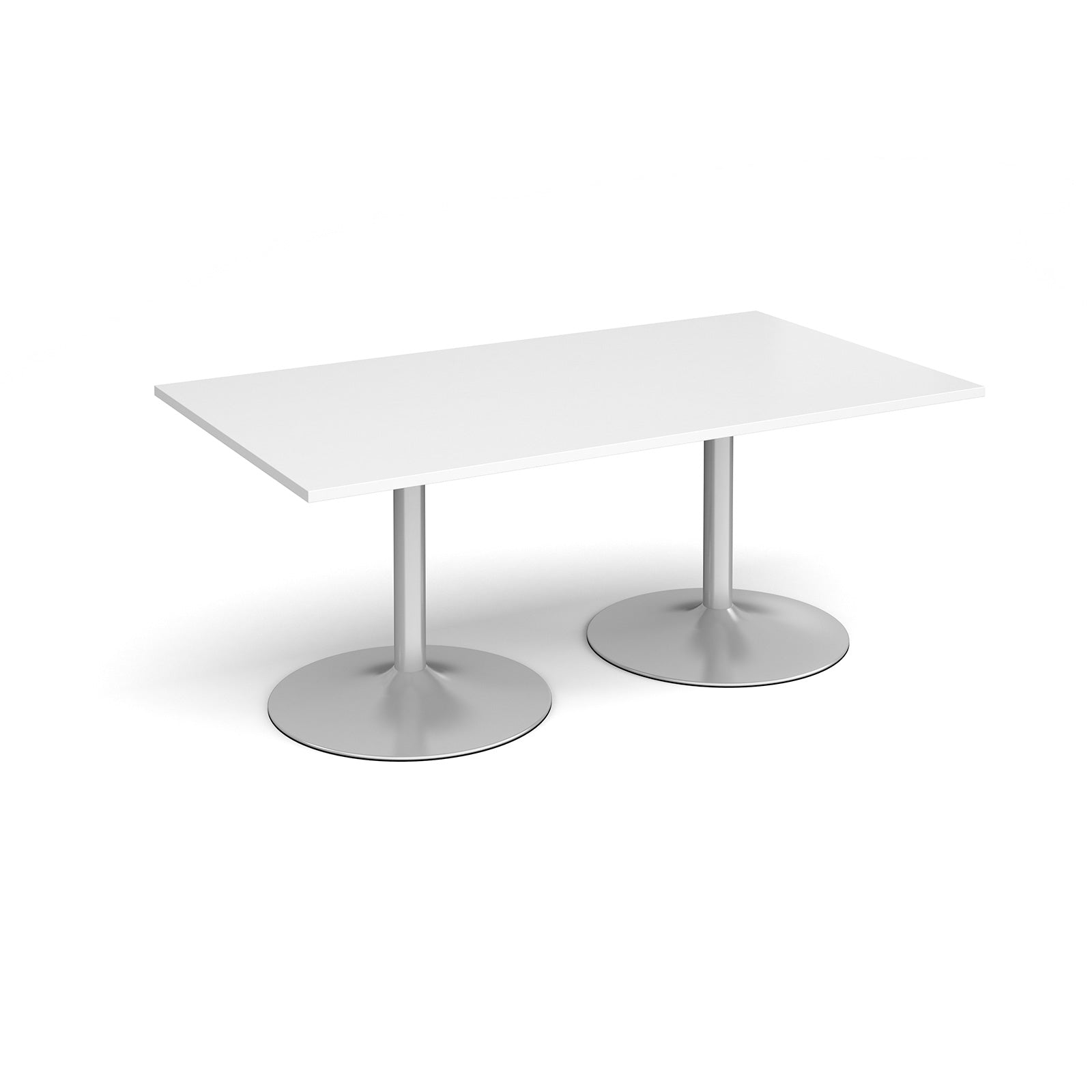 Rectangular table with white top and metal legs on a white background