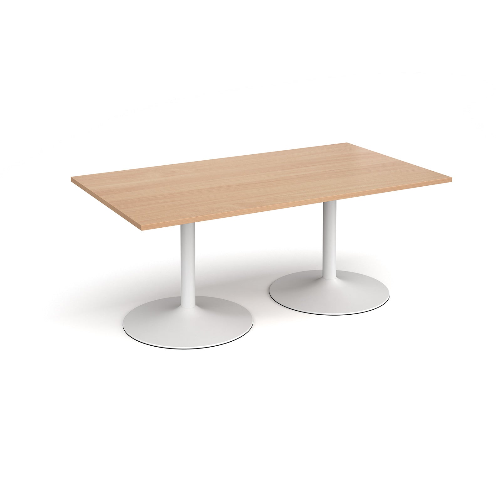 Rectangular table with wood-effect top and white metal legs on a white background