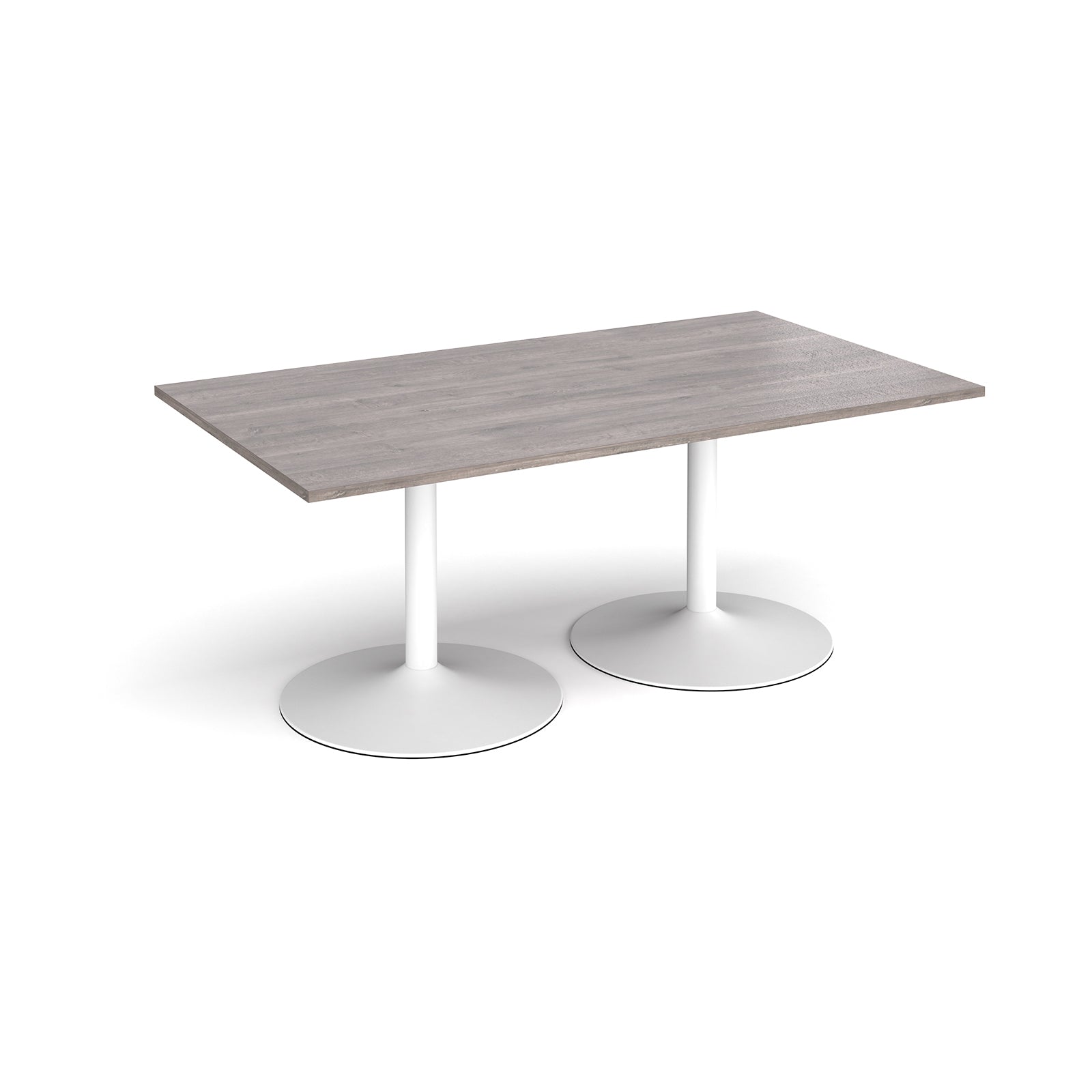 Rectangular table with grey wood-effect top and white metal legs on a white background