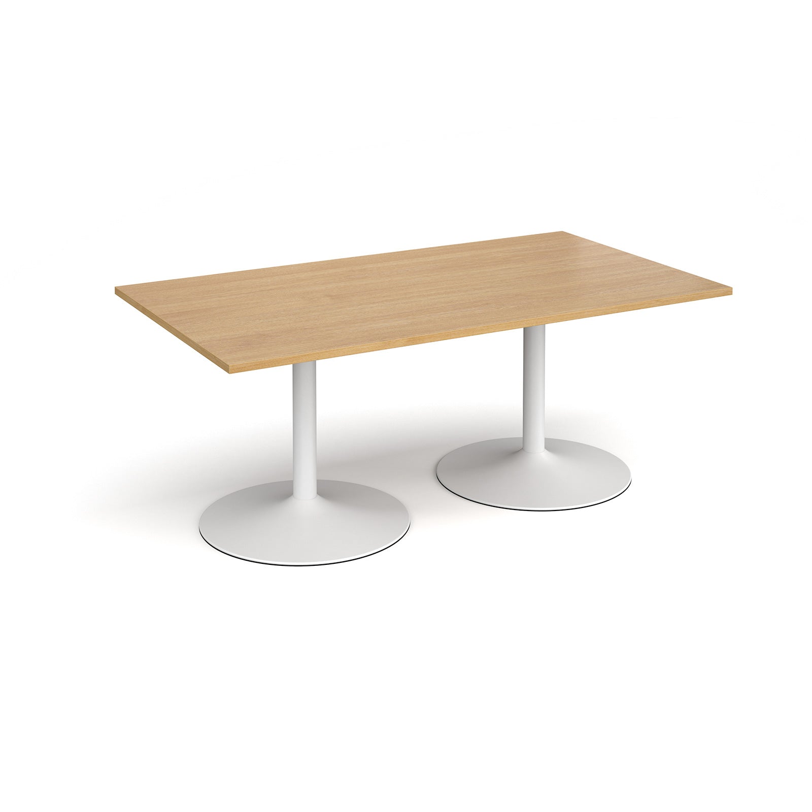 Rectangular table with wood-effect top and white metal legs on a white background