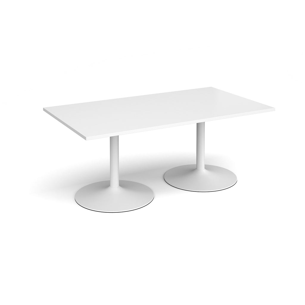 Rectangular table with white top and metal legs on a white background