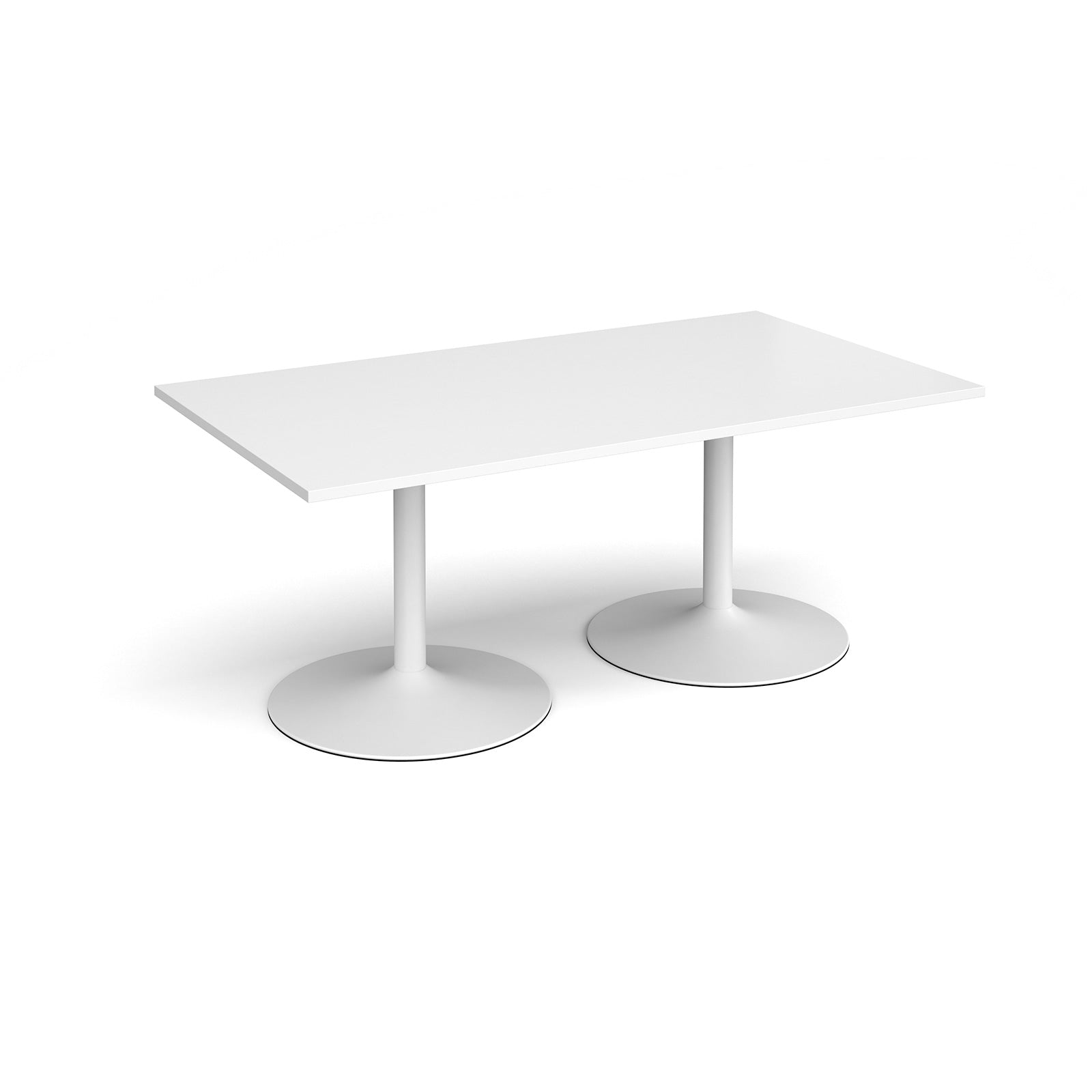 Rectangular table with white top and metal legs on a white background