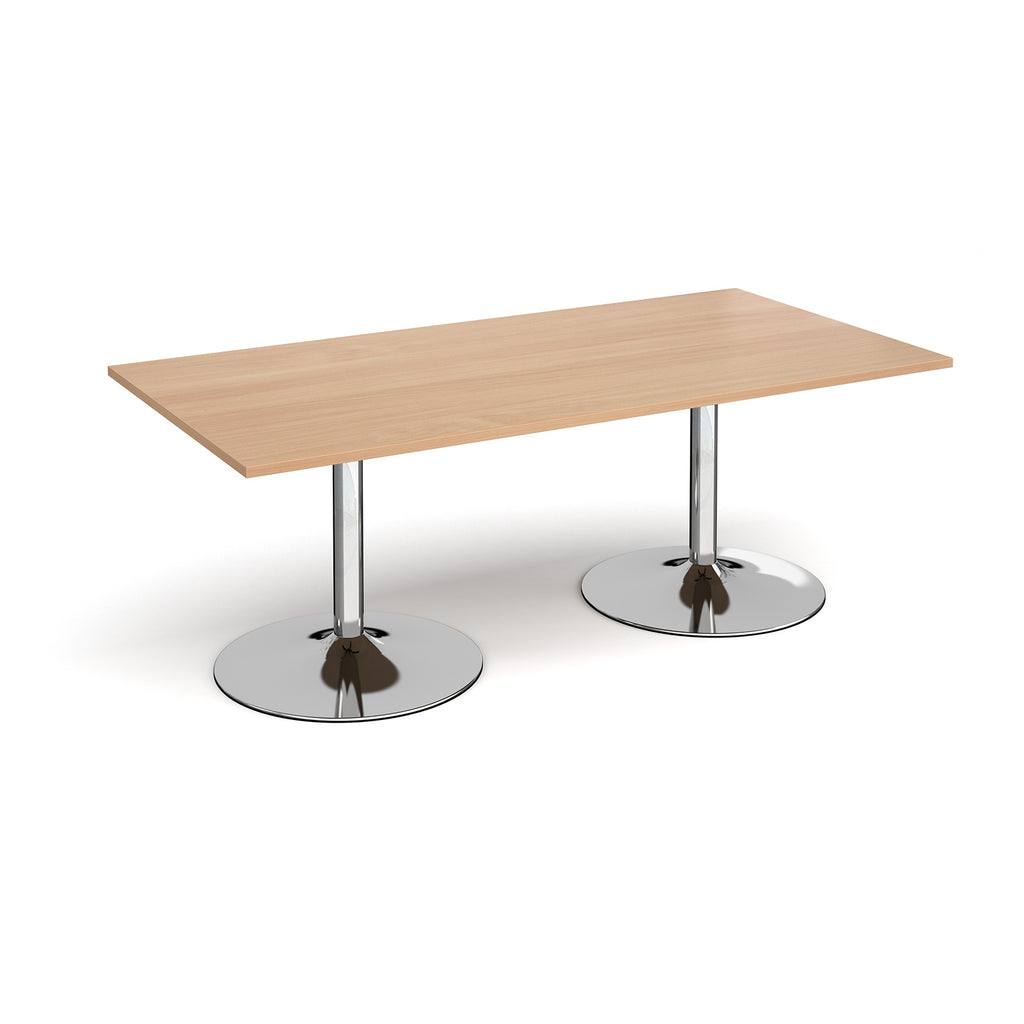 Rectangular table with wood-effect top and chrome base on a white background