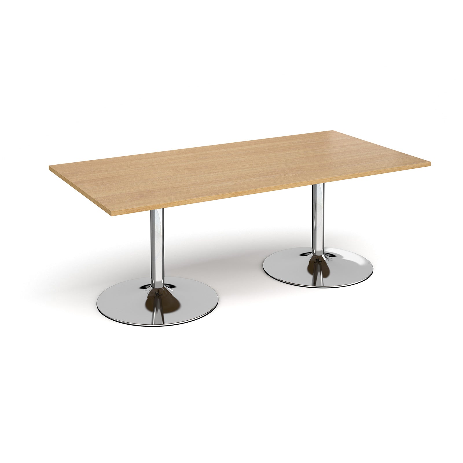 Modern meeting table with wood-effect top and chrome bases on a white background