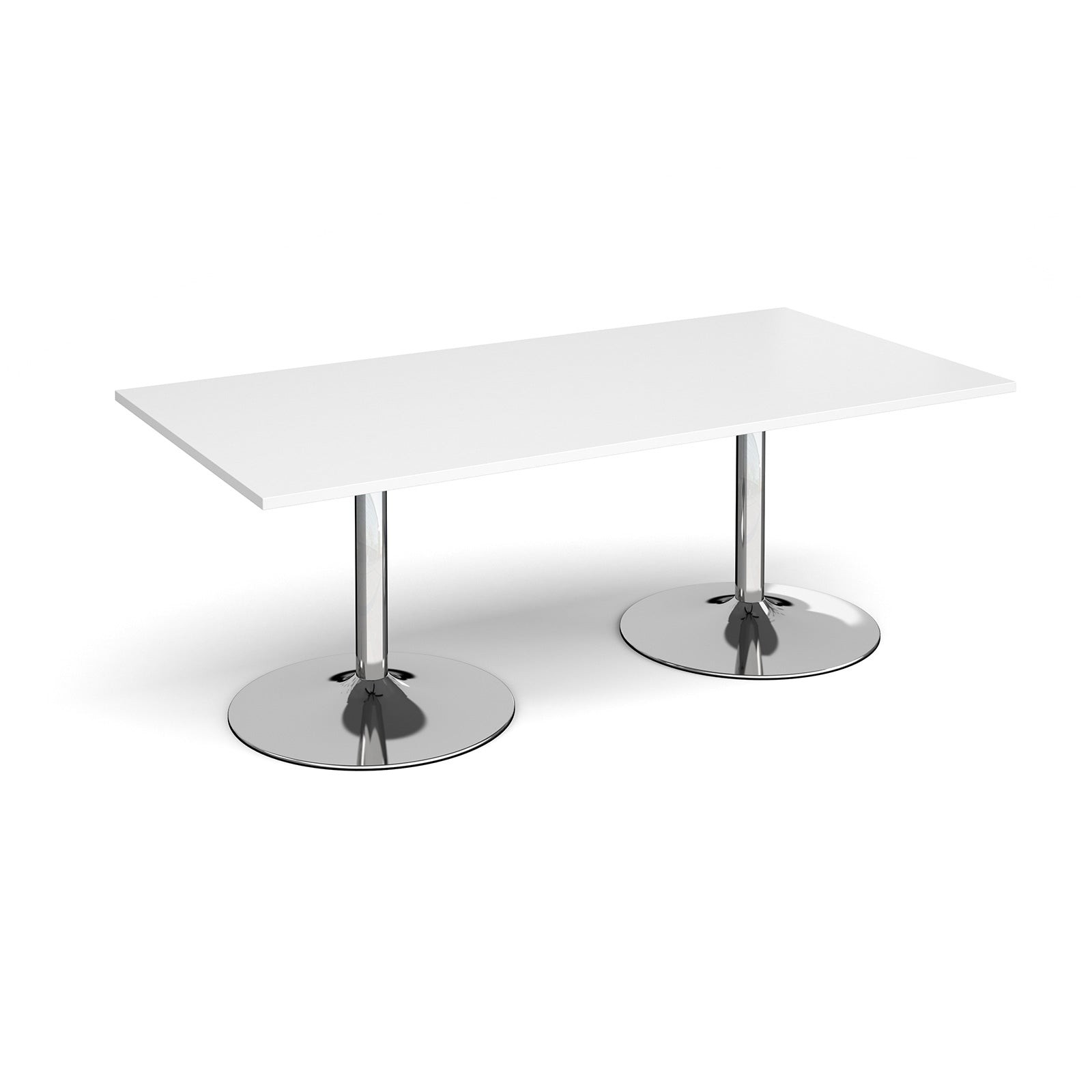 Rectangular table with white top and chrome base on a white background