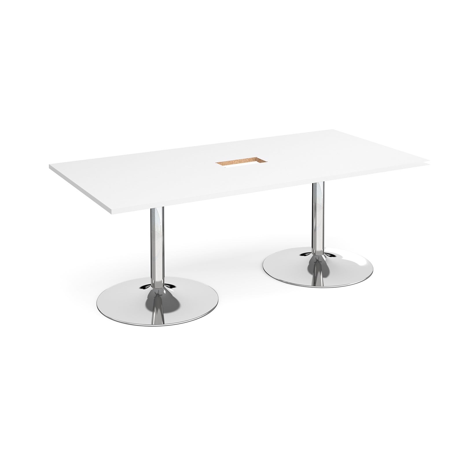 Rectangular meeting table with a white top, central cable access cut-out with metal legs on a white background.
