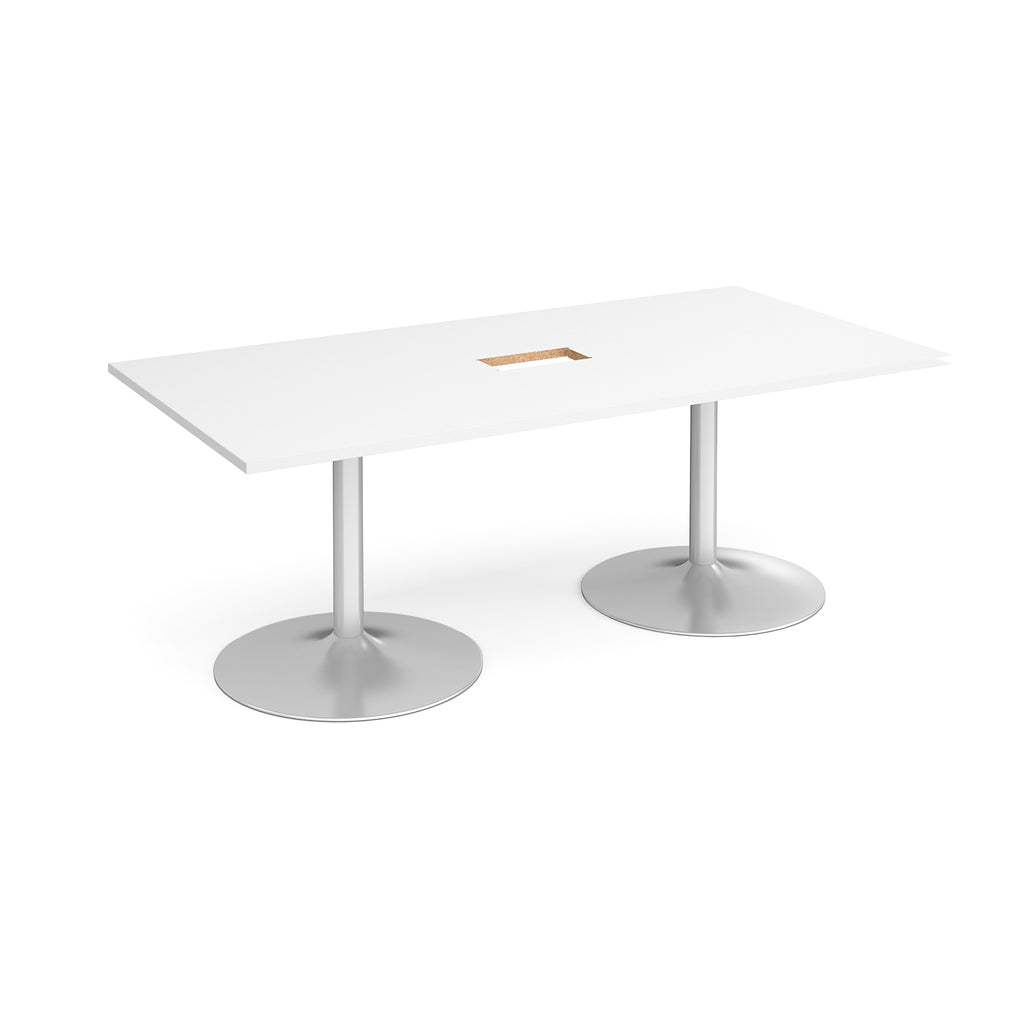 Rectangular meeting table with a white top, central cable access cut-out with metal legs on a white background.