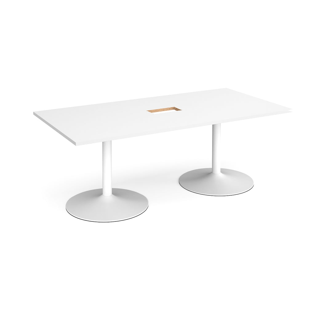Rectangular meeting table with a white top, central cable access cut-out with metal legs on a white background.