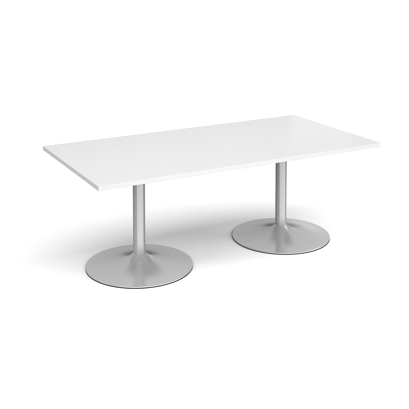 Rectangular table with white top and metal legs on a white background