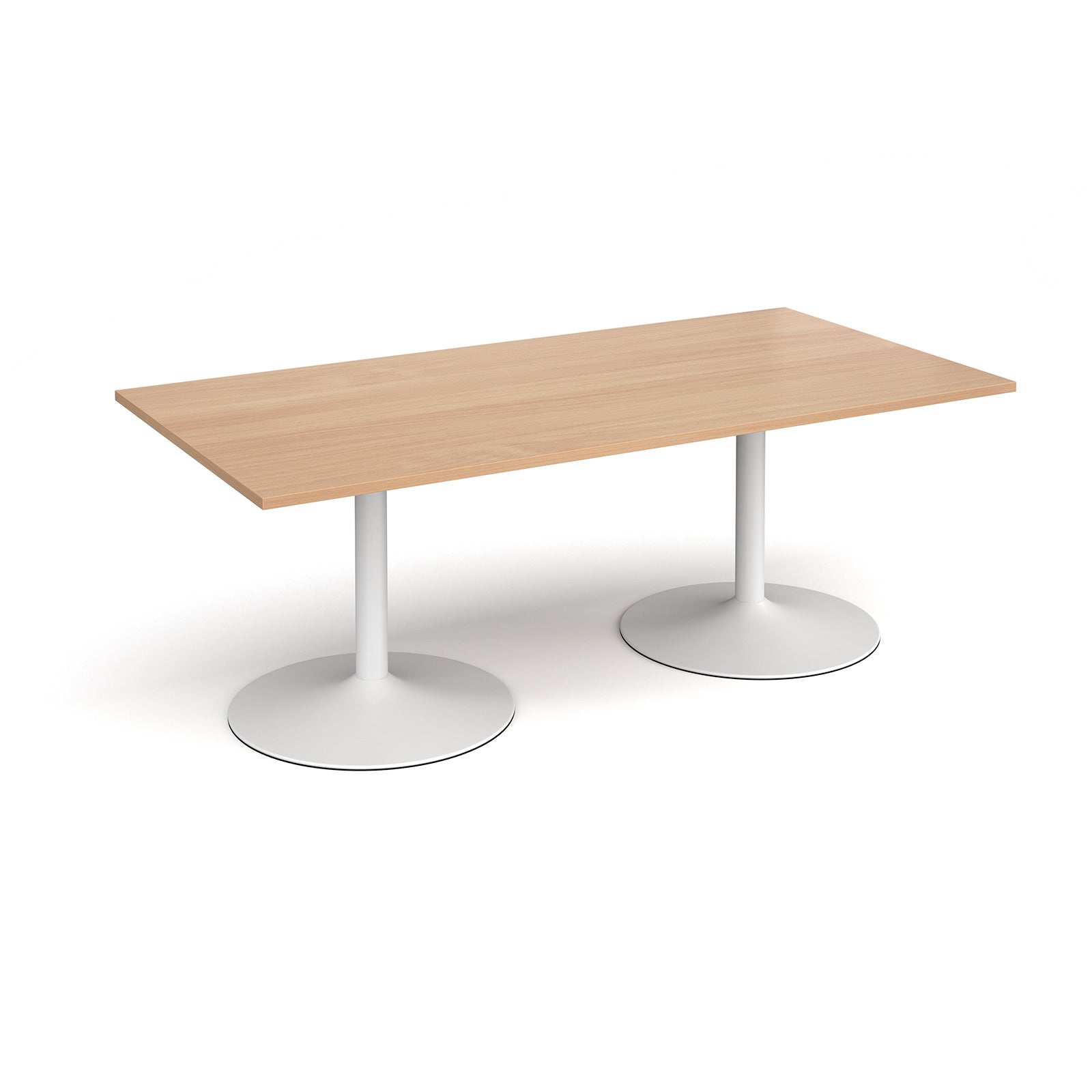 Rectangular table with wood-effect top and white metal legs on a white background