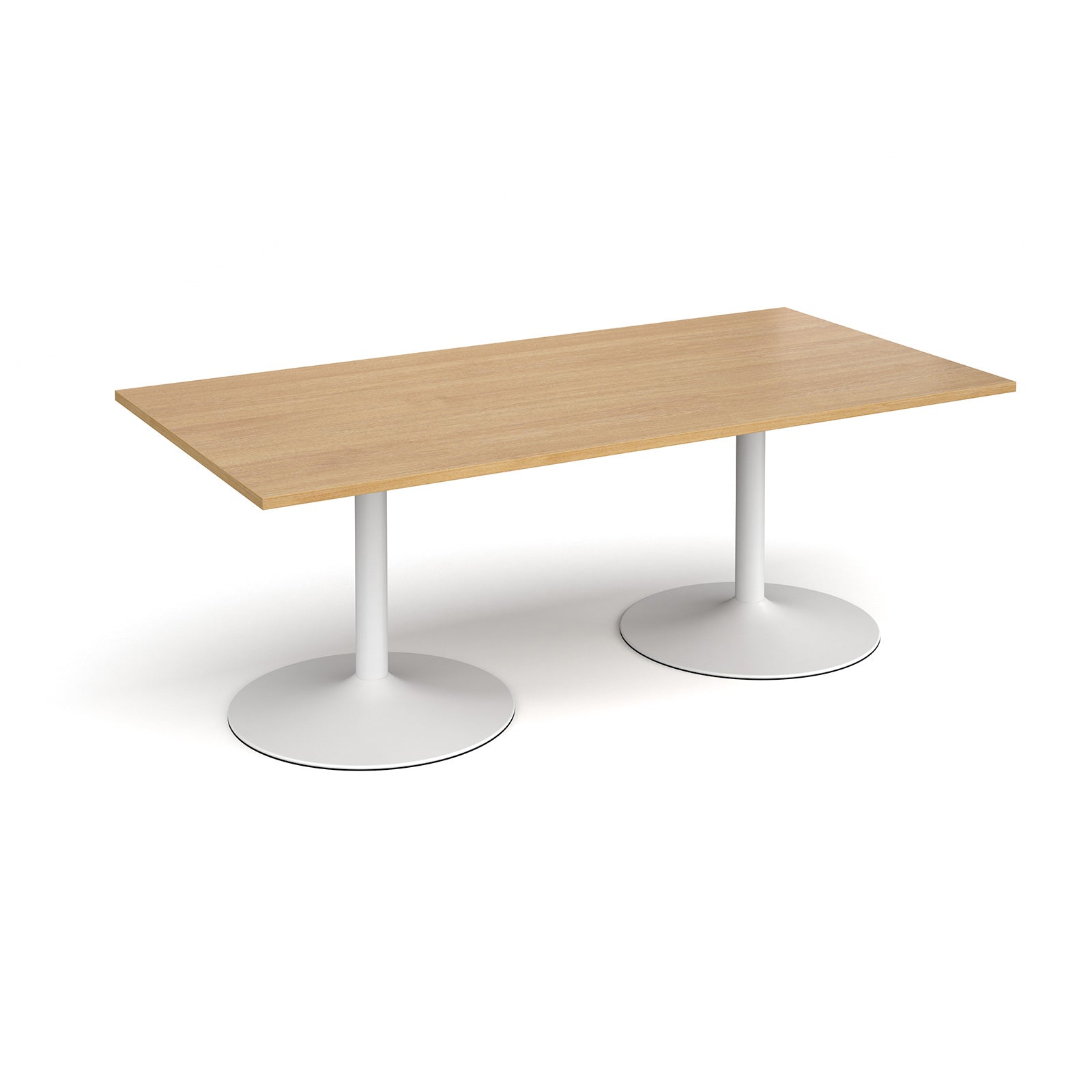 Rectangular table with wood-effect top and white metal legs on a white background