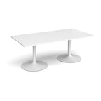 Rectangular table with white top and metal legs on a white background