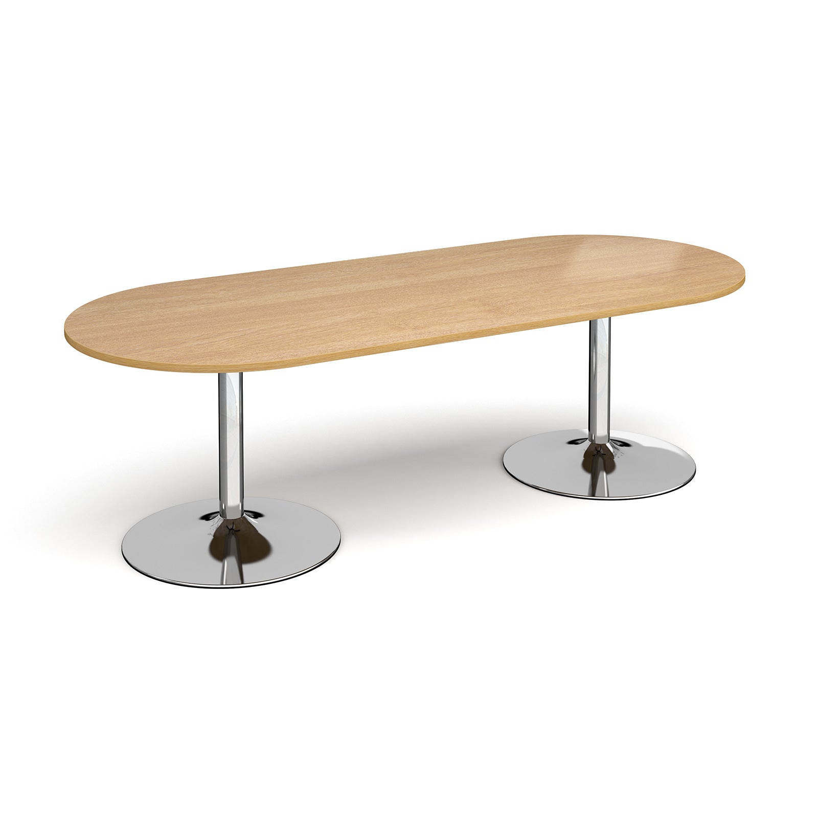 Oval boardroom / meeting table with a wood-effect top and twin chrome pedestal columns on round disc bases.