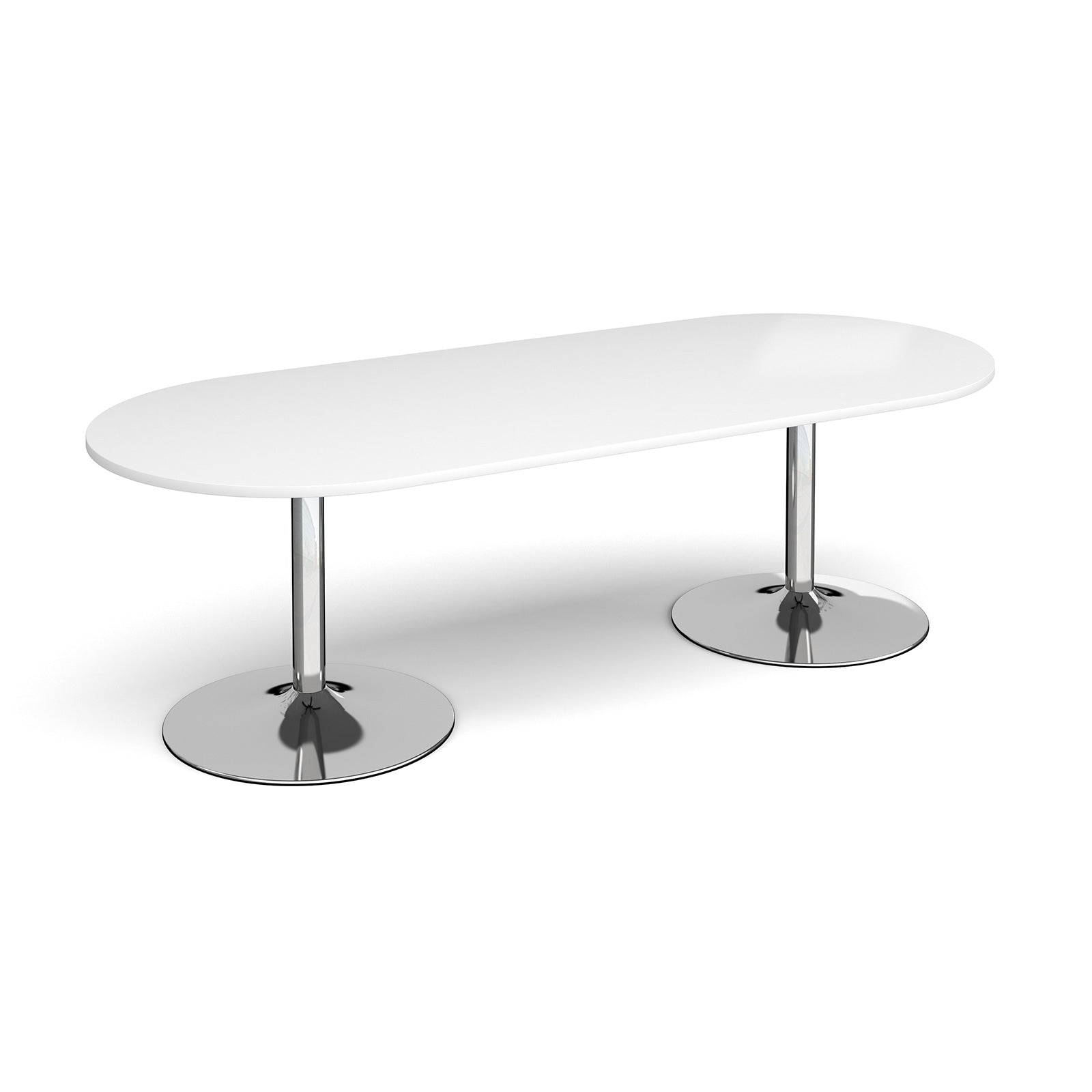 Oval boardroom / meeting table with a white top and twin chrome pedestal columns on round disc bases.