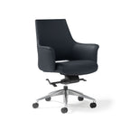 A modern black faux leather upholstered office chair with a  medium back, armrests, and a five-star chrome base with castors, shown on a white background.