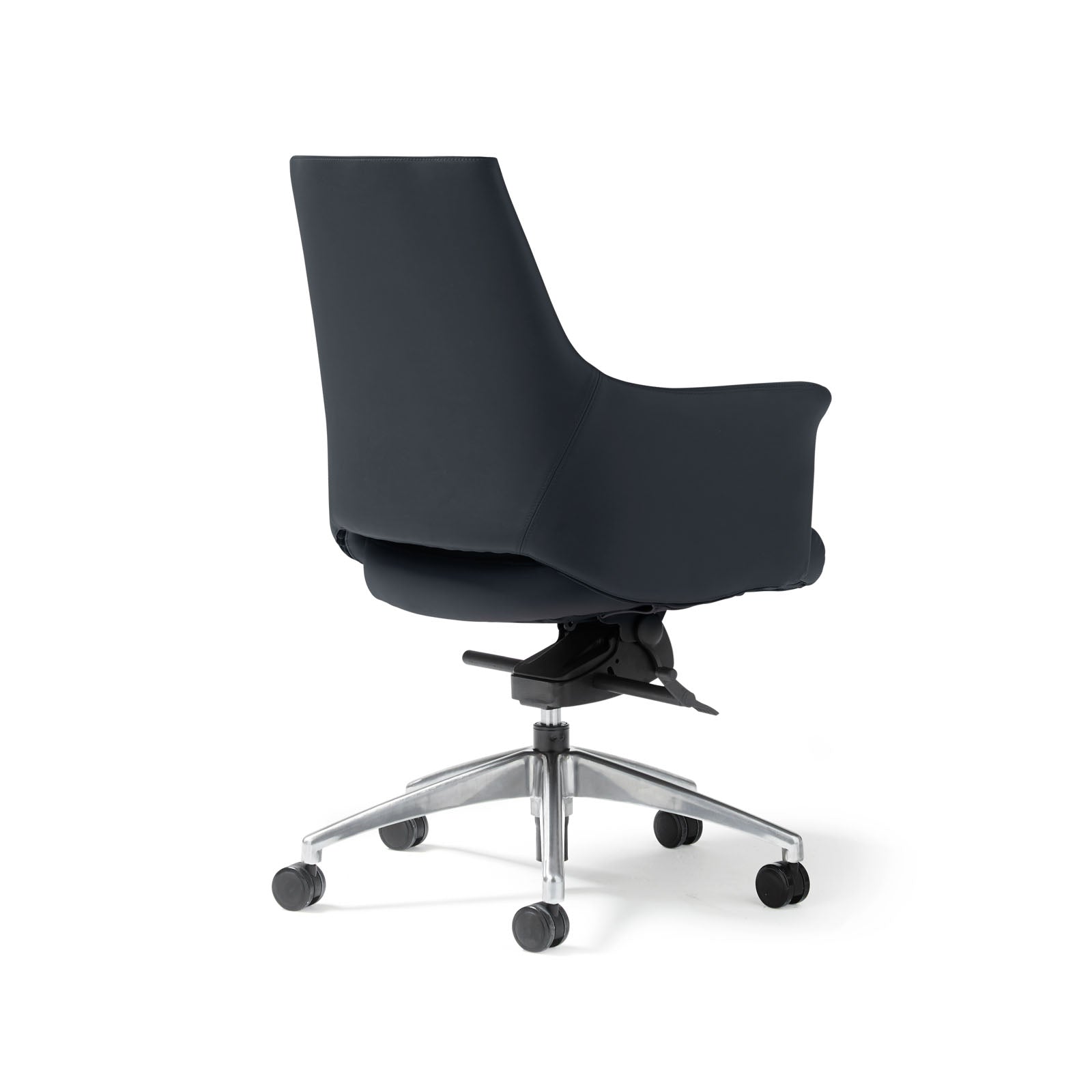 A modern black faux leather upholstered office chair with a  medium back, armrests, and a five-star chrome base with castors, shown on a white background.