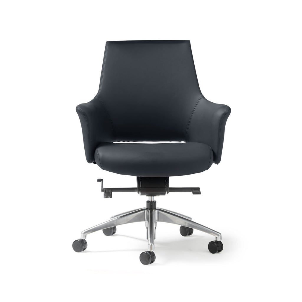 A modern black faux leather upholstered office chair with a  medium back, armrests, and a five-star chrome base with castors, shown on a white background.