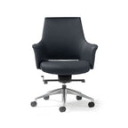 A modern black faux leather upholstered office chair with a  medium back, armrests, and a five-star chrome base with castors, shown on a white background.