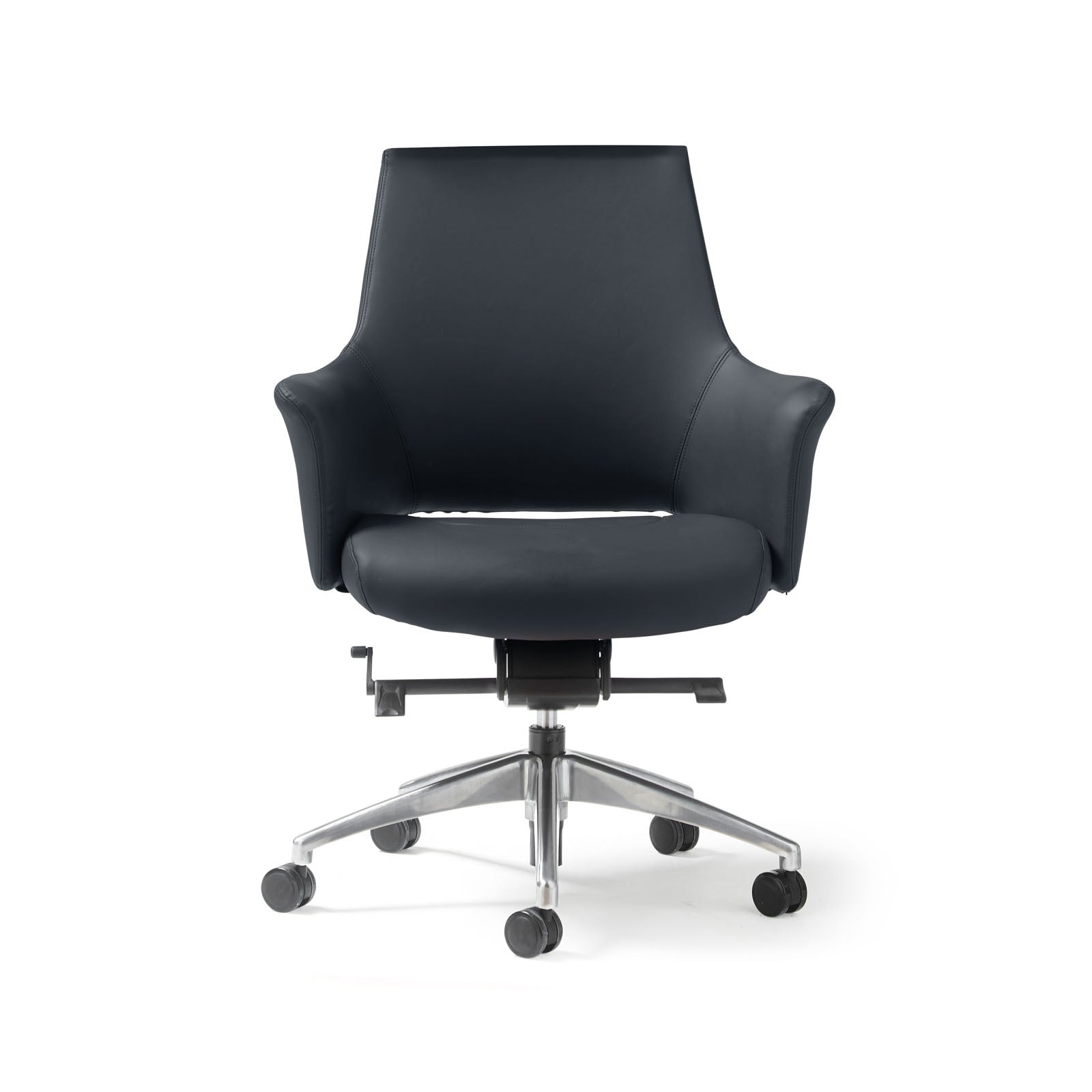 A modern black faux leather upholstered office chair with a  medium back, armrests, and a five-star chrome base with castors, shown on a white background.