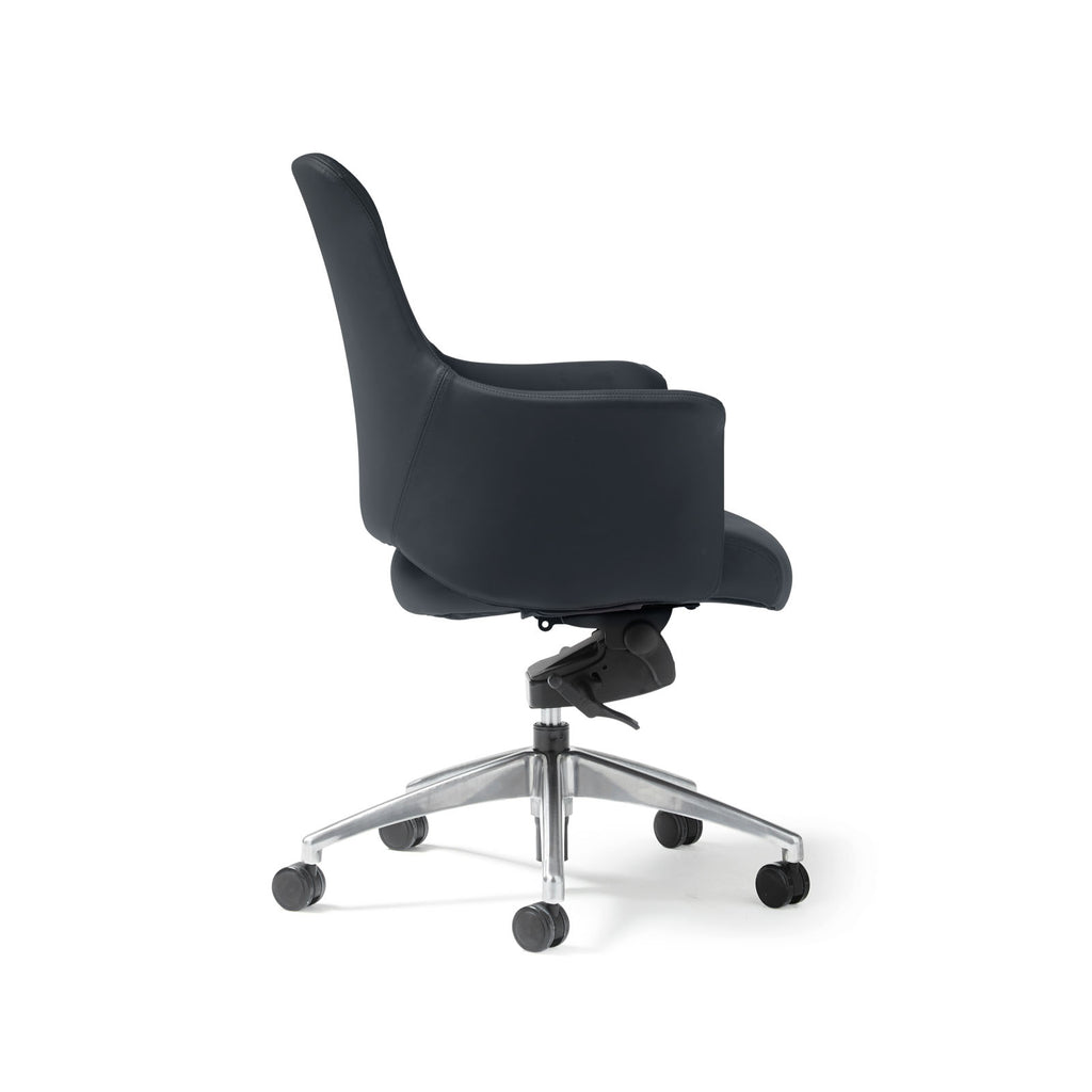 A modern black faux leather upholstered office chair with a  medium back, armrests, and a five-star chrome base with castors, shown on a white background.