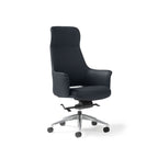 A modern high-back office chair upholstered in black faux leather, featuring a chrome five-star base with castors, shown against a plain white background.
