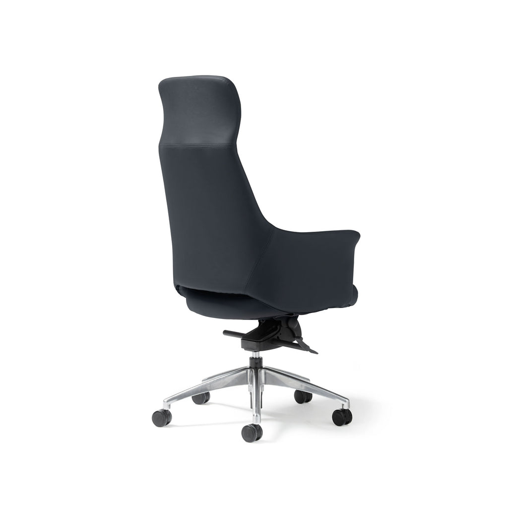 A modern high-back office chair upholstered in black faux leather, featuring a chrome five-star base with castors, shown against a plain white background.