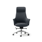 A modern high-back office chair upholstered in black faux leather, featuring a chrome five-star base with castors, shown against a plain white background.