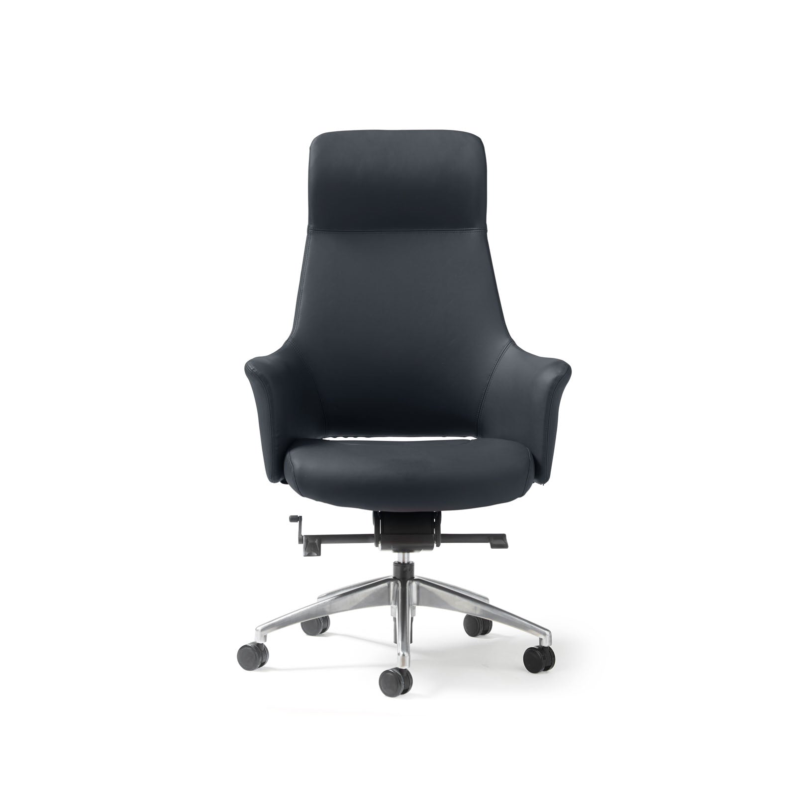 A modern high-back office chair upholstered in black faux leather, featuring a chrome five-star base with castors, shown against a plain white background.