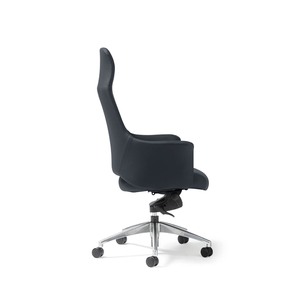 A modern high-back office chair upholstered in black faux leather, featuring a chrome five-star base with castors, shown against a plain white background.