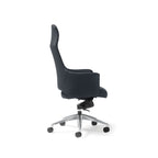 A modern high-back office chair upholstered in black faux leather, featuring a chrome five-star base with castors, shown against a plain white background.
