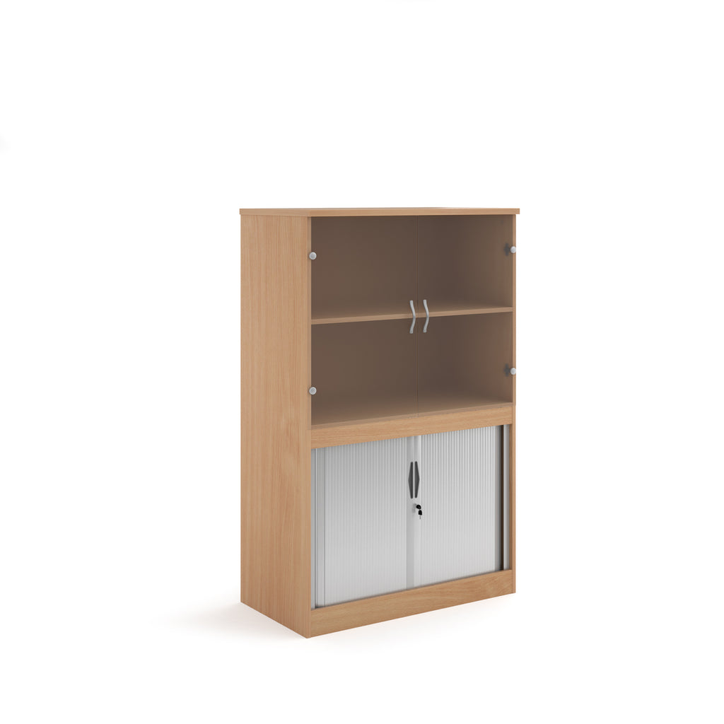 Wood-effect office storage cupboard with glazed doors on the upper section and lockable tambour doors below, shown on a white background.