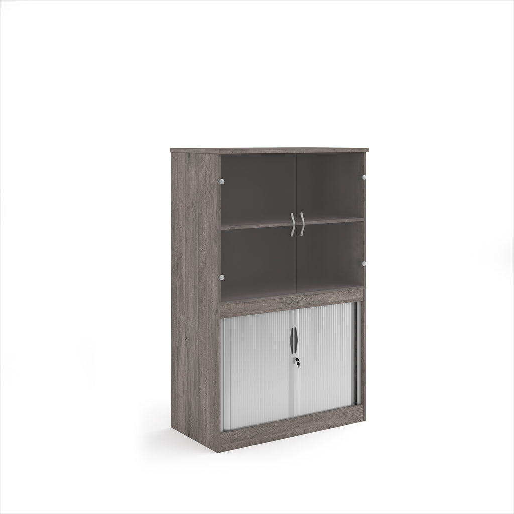 Wood-effect office storage cupboard with glazed doors on the upper section and lockable tambour doors below, shown on a white background.