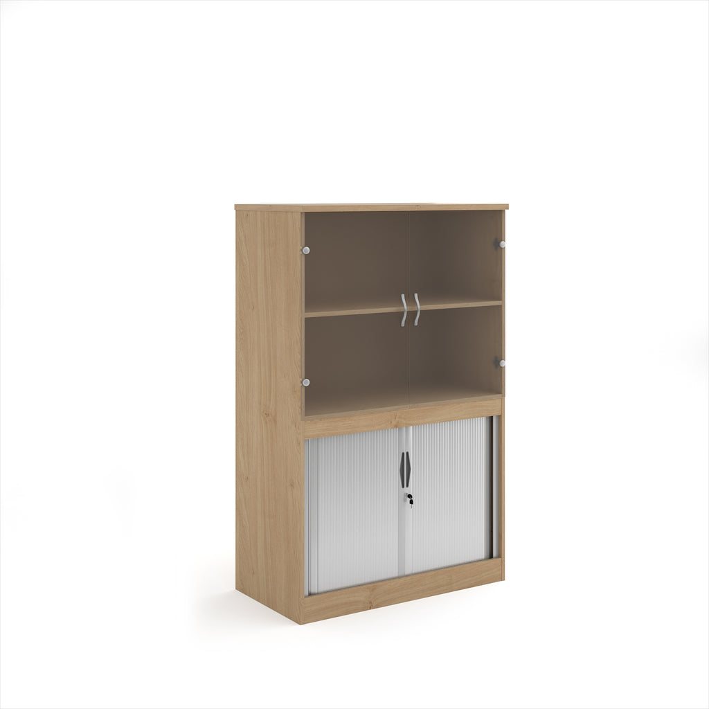 Wood-effect office storage cupboard with glazed doors on the upper section and lockable tambour doors below, shown on a white background.