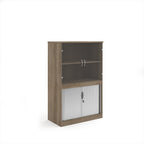 Wood-effect office storage cupboard with glazed doors on the upper section and lockable tambour doors below, shown on a white background.
