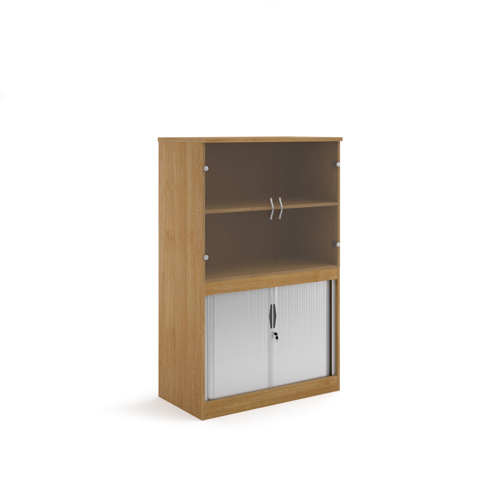 Wood-effect office storage cupboard with glazed doors on the upper section and lockable tambour doors below, shown on a white background.